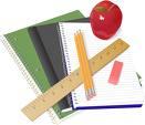 A clip art of school supplies:  notebooks, ruler, eraser, and apple.